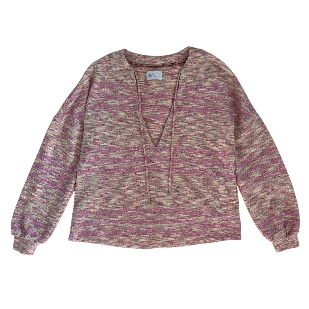 Saylor Pink Spacedye Knit Deep V-Neck Drawstring‎ Sweater SZ S/M Boho Swim Cover
